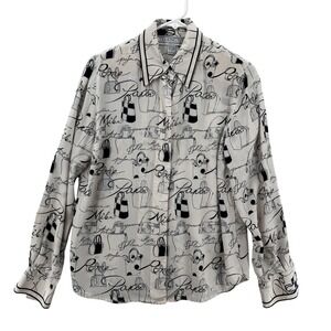 Starington Silk Blouse Womens 4 White Black Paris Milan Print Long Sleeve Shirt